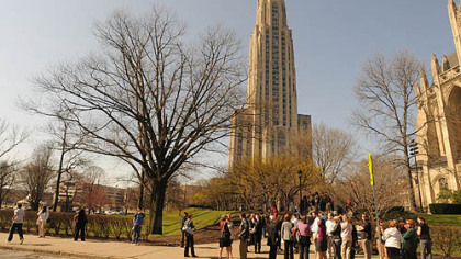 From March: People waited along South Bellefield Ave. after being evacuated from the Cathedral of Learning at the University of Pittsburgh  because of the bomb threat.