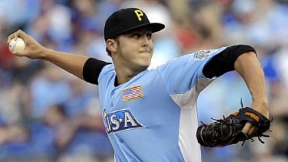 United States pitcher Jameson Taillon delivers during the fifth inning of the MLB All-Star Futures baseball game against the World, in Kansas City in July.