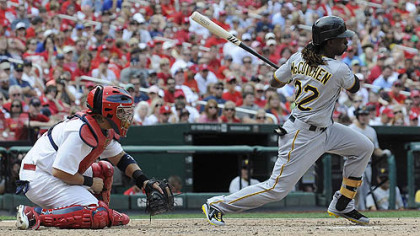 The Pirates' Andrew McCutchen hits a one-run single, which scored Jeff Karstens during the sixth inning against the Cardinals Sunday in St. Louis.