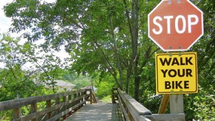 Riders must walk bikes down the stairs at this portion of the Montour Trail near the Venice neighborhood of Cecil.
