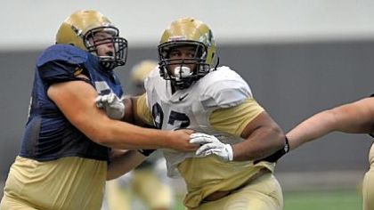 University of Pittsburgh's Aaron Donald (white jersey) during a drill at an Aug. 14 practice.
