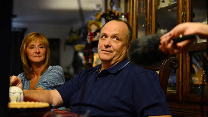 Espen resident Chuck McClain is interviewed Friday by Capture Production Studios, while Kim Salinetro, chief of staff for Councilwoman Theresa Kail-Smith, listens.