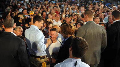 Paul Ryan greets the crowd during a rally in Rosslyn Farms today.