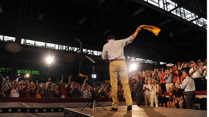 GOP vice presidential candidate Paul Ryan waves a Terrible Towel at a rally in Rosslyn Farms today.
