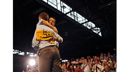 Paul Ryan hugs Congressman Tim Murphy at a rally in Rosslyn Farms today.