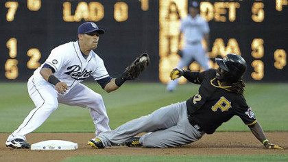 the Pirates' Andrew McCutchen steals second base in front of the tag of Everth Cabrera of the Padres during the first inning at Petco Park in San Diego.