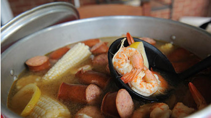 A Whitehall Shrimp Boil included kielbasa, potatoes and corn.