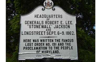 This historic marker was erected near where Robert E. Lee's "special orders" were written and lost.