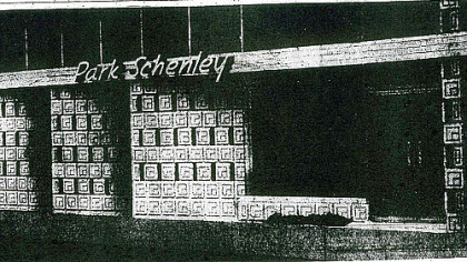 The front of Park Schenley restaurant in Oakland, from The Pittsburgh Press, March 10, 1954. Caption: "Distinctive front is modernistic in design with staggered terra cotta blocks and turquoise glass that sparkles like jewels."