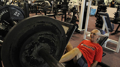 David Julian, 72, works out with the leg press at Streamline Fitness, McKees Rocks. He says he works out 2 hours a day.