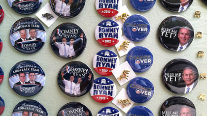 Campain buttons at the Republican National Convention in Tampa.