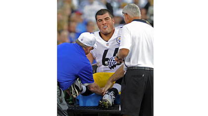Steelers rookie right guard David DeCastro is taken off the field on a cart after injuring his right knee against Buffalo in the first quarter Saturday at Ralph Wilson Stadium.