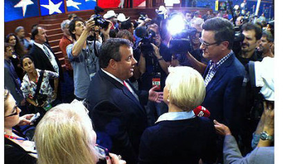 New Jersey Gov. Chris Christie was swamped by media when he entered the Republican National Convention in Tampa, Florida.