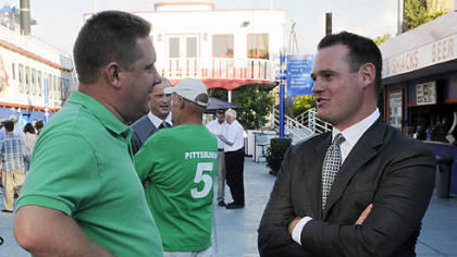 Turtle Creek Mayor Adam Forgie, left, talks with Pittsburgh Mayor Luke Ravenstahl.