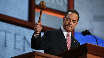 RNC Chairman Reince Priebus bangs the gavel to start the Republican National Convention at the Tampa Bay Times Forum.
