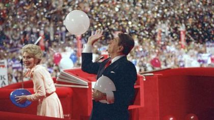 Balloons descend on President Ronald Reagan and first lady Nancy Reagan on the podium of the Republican convention in 1988.