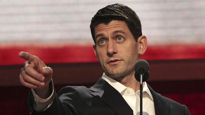 Republican vice presidential candidate Paul Ryan gestures during a walk through ahead of his delivering a speech at the Republican National Convention.
