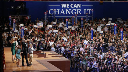 Republican vice presidential nominee Paul Ryan, joined by his children Charlie, Sam and Liza, wife Janna and mother Betty Ryan Douglas, waves after his acceptance speech Wednesday during the Republican National Convention in Tampa, Fla.