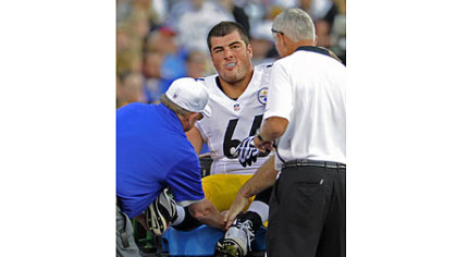 Steelers rookie right guard David DeCastro is taken off the field on a cart after injuring his right knee against Buffalo in the first quarter Saturday at Ralph Wilson Stadium.