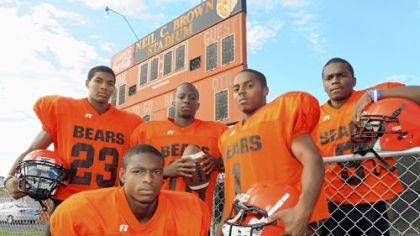 Returning veterans for the four-time defending WPIAL Class A champion Clairton Bears are Titus Howard (front), from left, Tyler Boyd, Armani Ford, Tyus Booker and Terrish Webb. One of their goals this season is to lengthen their WPIAL-record winning streak.