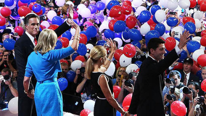 Republican presidential candidate Mitt Romney, left, with his wife, Ann, along with Republican vice presidential candidate Paul Ryan with his wife, Janna, wave on stage after accepting the nomination during the final day of the Republican National Convention in Tampa, Fla.