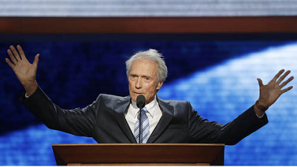 Clint Eastwood, Hollywood actor and director, talks to an empty chair representing President Barack Obama during his remarks Thursday night at the convention.
