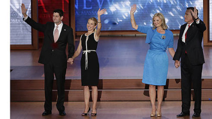 Republican vice presidential nominee, Rep. Paul Ryan, Janna Ryan, Ann Romney and presidential nominee Mitt Romney wave to the delegates during the Republican National Convention in Tampa, Fla.