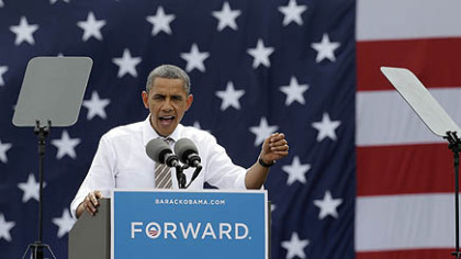 President Barack Obama speaks during a campaign stop at the Living History Farms Saturday in Des Moines, Iowa.