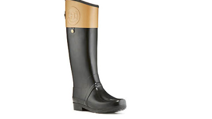 Hunter Boot's Regent Carlyle equestrian rubber Wellie, shown in black with cafe latte, is also available in black with chocolate contrast or brown with dark olive contrast. It retails for $195. www.hunter-boot.com