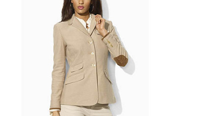 This Ralph Lauren Blue Label khaki hacking jacket with suede elbow patches retails for $398. www.ralphlauren.com