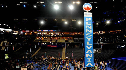 Setup crews prepare the inside of the Time Warner Cable Arena before the official start of the Democratic National Convention in Charlotte, N.C. on Monday.