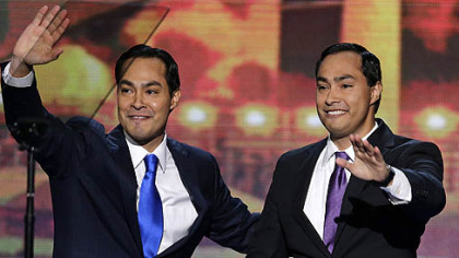 San Antonio Mayor Julian Castro, left, and his brother Joaquin Castro wave to the Democratic National Convention in Charlotte, N.C.