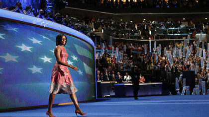 First Lady Michelle Obama waves to delegates at the Democratic National Convention in Charlotte, N.C.