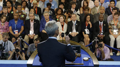 Chicago Mayor Rahm Emanuel speaks to delegates at the Democratic National Convention in Charlotte, N.C.