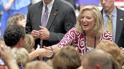 Ann Romney shakes hands with supporters after speaking at a Women for Mitt rally Wednesday at the Winebrenner Auditorium at the University of Findlay in Findlay, Ohio.