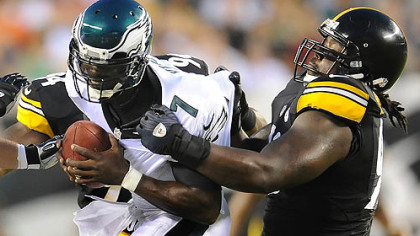Steelers nose tackle Steve McLendon sacks Eagles quarterback Michael Vick during a preseason game i Philadelphia last month.