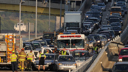 Traffic is at a halt Thursday morning after a multi-vehicle crash shut down the eastbound lanes of the Parkway East near the Grant Street ramp.