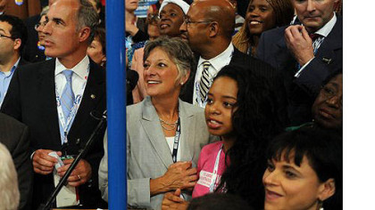 The youngest delegate from Pennsylvania, Alaysha Clairborne, 18, of York County, (in pink shirt at lower right).
Members of the Pennsylvania Delegation wait to cast their vote to nominate Barack Obama for President of the United States on day two of the Democratic National Convention.