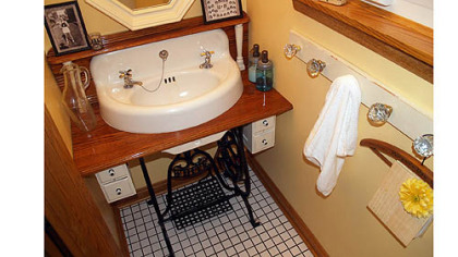 Jeff and Jeannie Smith of Economy are recognized for their creative use of an old sewing machine and sink as a vanity.