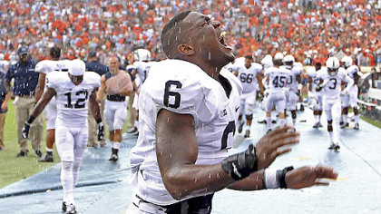 Penn State linebacker Gerald Hodges (6) reacts to a missed Penn State field goal in the final seconds of a 17-16 loss to Virginia today in Charlottesville, Va.