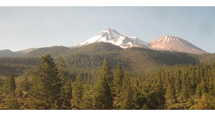Mount Shasta and Shastina as seen from the Coast Starlight.