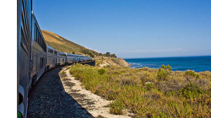 The Coast Starlight near Santa Barbara along the Pacific Ocean.
