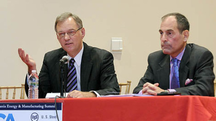 John Hanger, former secretary of the Pennsylvania Department of Environmental Protection, and current state DEP secretary Michael Krancer speak at the 2012 Pennsylvania Energy and Manufacturing Summit, held at the IBEW Local 5 center on the South Side.