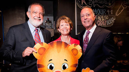 Bob Nelkin, Peggy Joy and Bill Isler with Daniel Tiger.