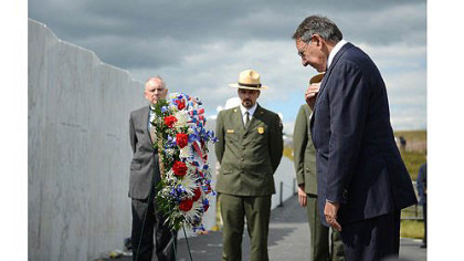 Secretary of Defense Leon E. Panetta lays a wreath at the Flight 93 National Memorial Monday in Stonycreek Township, near Shanksville.