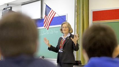 Secretary of the Commonwealth Carol Aichele discusses the state's new voter ID law Wednesday with students at Chartiers Valley High School in Collier. Ms. Aichele's department oversees elections in Pennsylvania.