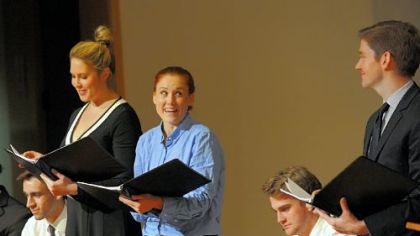 Emily Koch, center, interacts with Rory O'Malley, right, in "Eight," a new play by Dustin Lance Black read Monday at Carnegie Mellon University. Casey Anderson is at left.