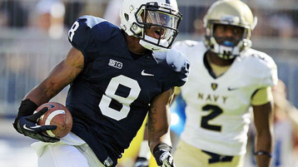 Penn State wide receiver Allen Robinson beats Navy cornerback Parrish Gaines and heads for the end zone for a first-quarter touchdown during today's game in State College.
