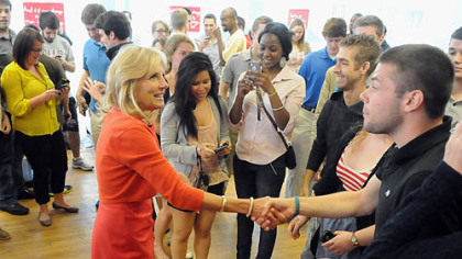Jill Biden greets volunteers at the Obama campaign office in Pittsburgh's Oakland neighborhood during her visit Sunday.