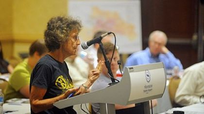 Joni Rabinowitz of Park Place speaks during an Aug. 16 meeting at the Sheraton Station Square on Alcosan's proposed $2.8 billion sewer improvement project.